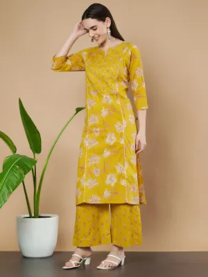 Mustard Yellow Cotton Kurta and Palazzo Set for Women