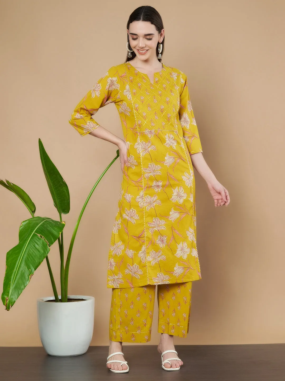 Mustard Yellow Cotton Kurta and Palazzo Set for Women