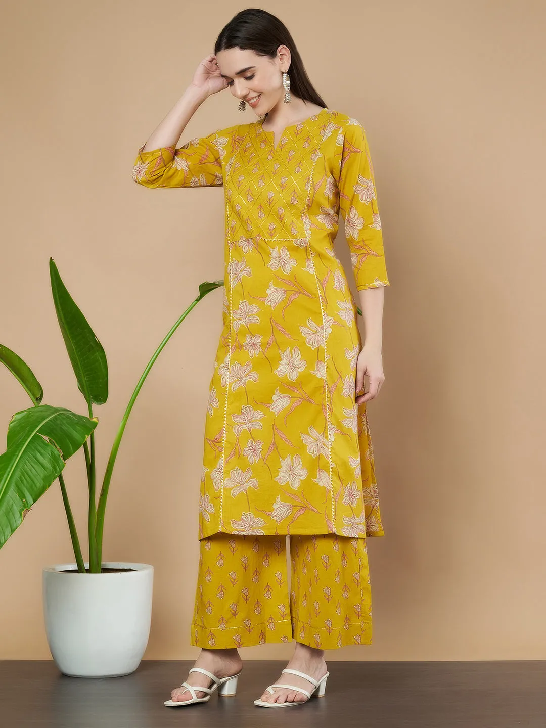 Mustard Yellow Cotton Kurta and Palazzo Set for Women