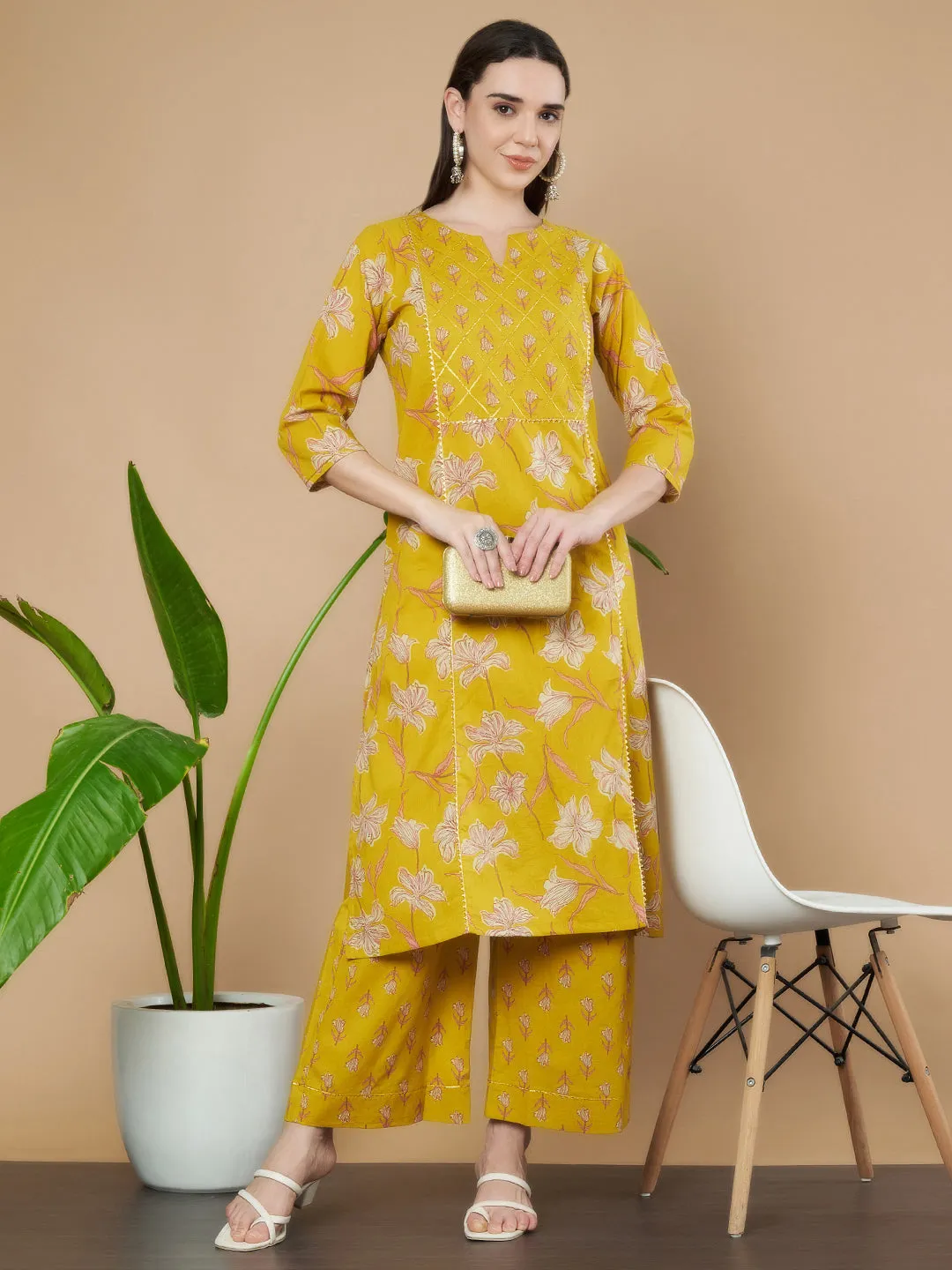 Mustard Yellow Cotton Kurta and Palazzo Set for Women