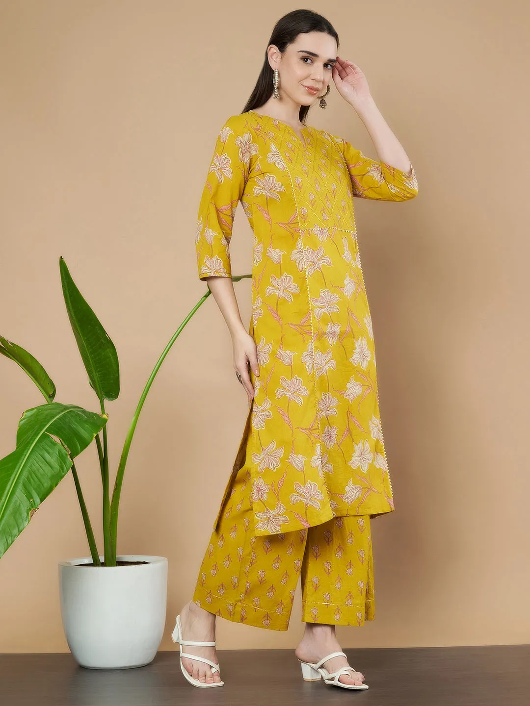 Mustard Yellow Cotton Kurta and Palazzo Set for Women
