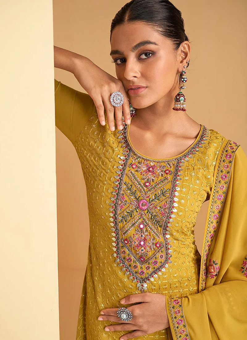 Mustard Yellow Multi Embroidery Festive Palazzo Suit
