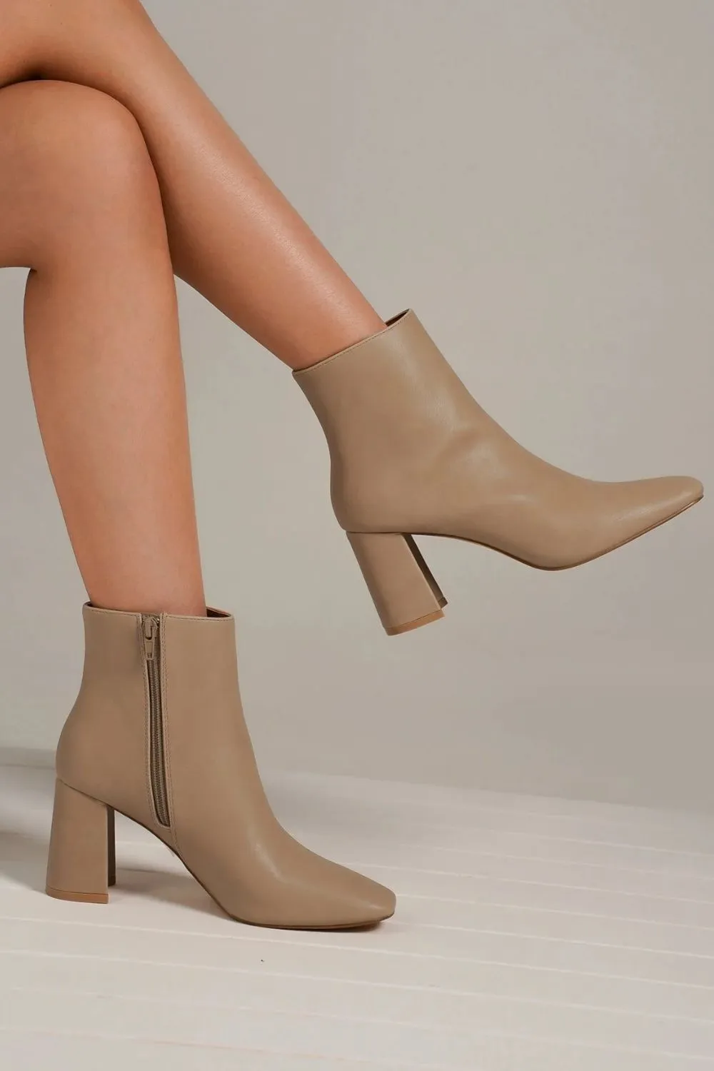 Natural Tone PU Leather Block Heel Boots with Side Zippers