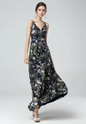 Navy Floral Print Spaghetti Chiffon Maxi Dress