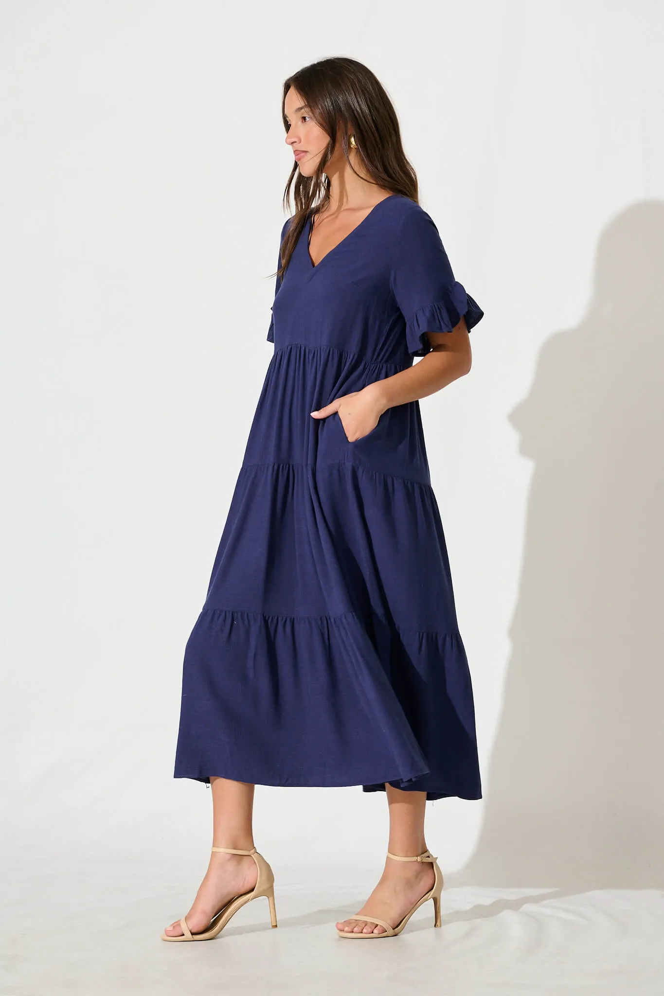 Navy Linen Blend Smock Dress by Kristen
