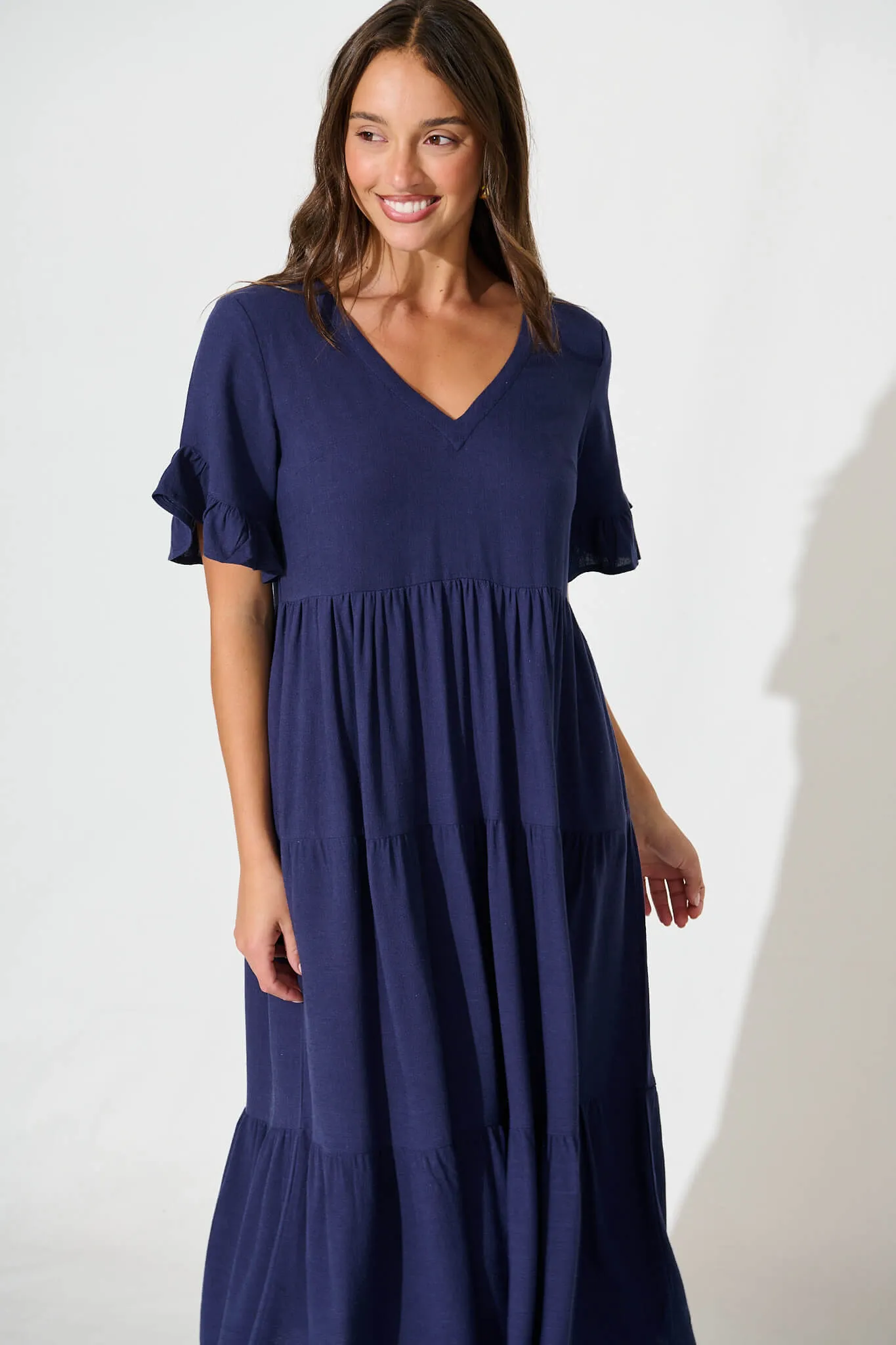 Navy Linen Blend Smock Dress by Kristen