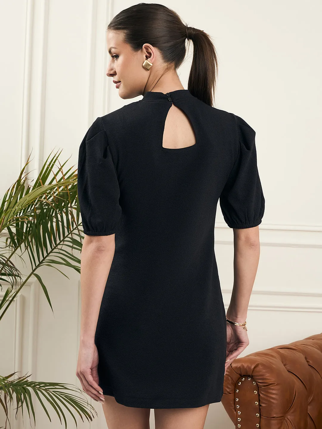 Noi Women Black Solid With Puff Sleeves Knited Short Dress