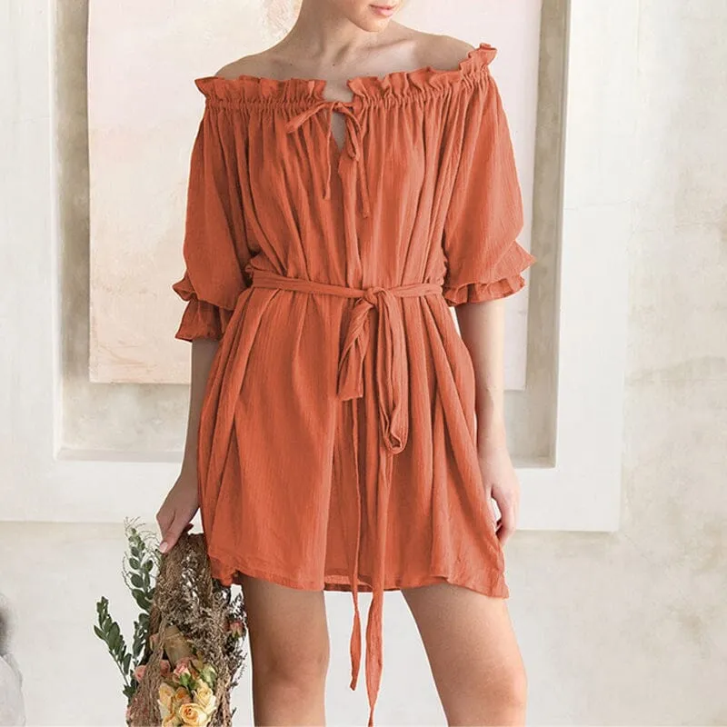 Offset Neck Tether Sexy Ruffle Dress