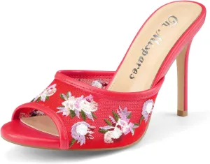 Oh Mispares Heeled Mules for Women High Heel Floral Sandals Mesh Embroidered Stiletto Slip-on Open Toe Elegant Dress Shoes for Wedding Prom Party