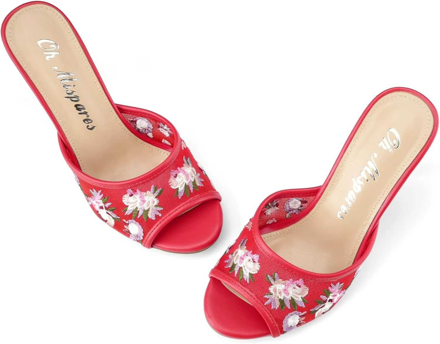 Oh Mispares Heeled Mules for Women High Heel Floral Sandals Mesh Embroidered Stiletto Slip-on Open Toe Elegant Dress Shoes for Wedding Prom Party
