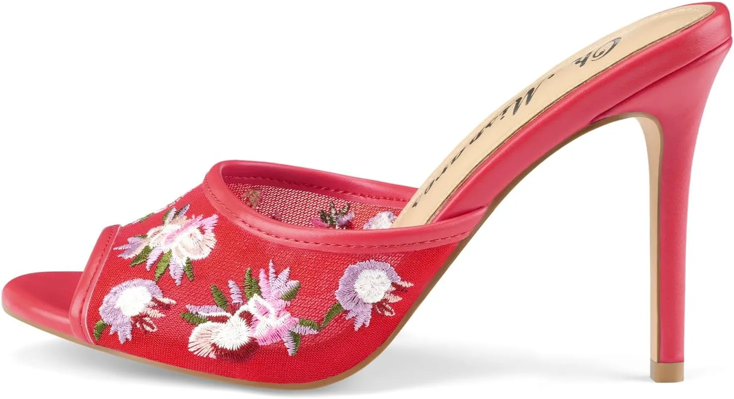 Oh Mispares Heeled Mules for Women High Heel Floral Sandals Mesh Embroidered Stiletto Slip-on Open Toe Elegant Dress Shoes for Wedding Prom Party