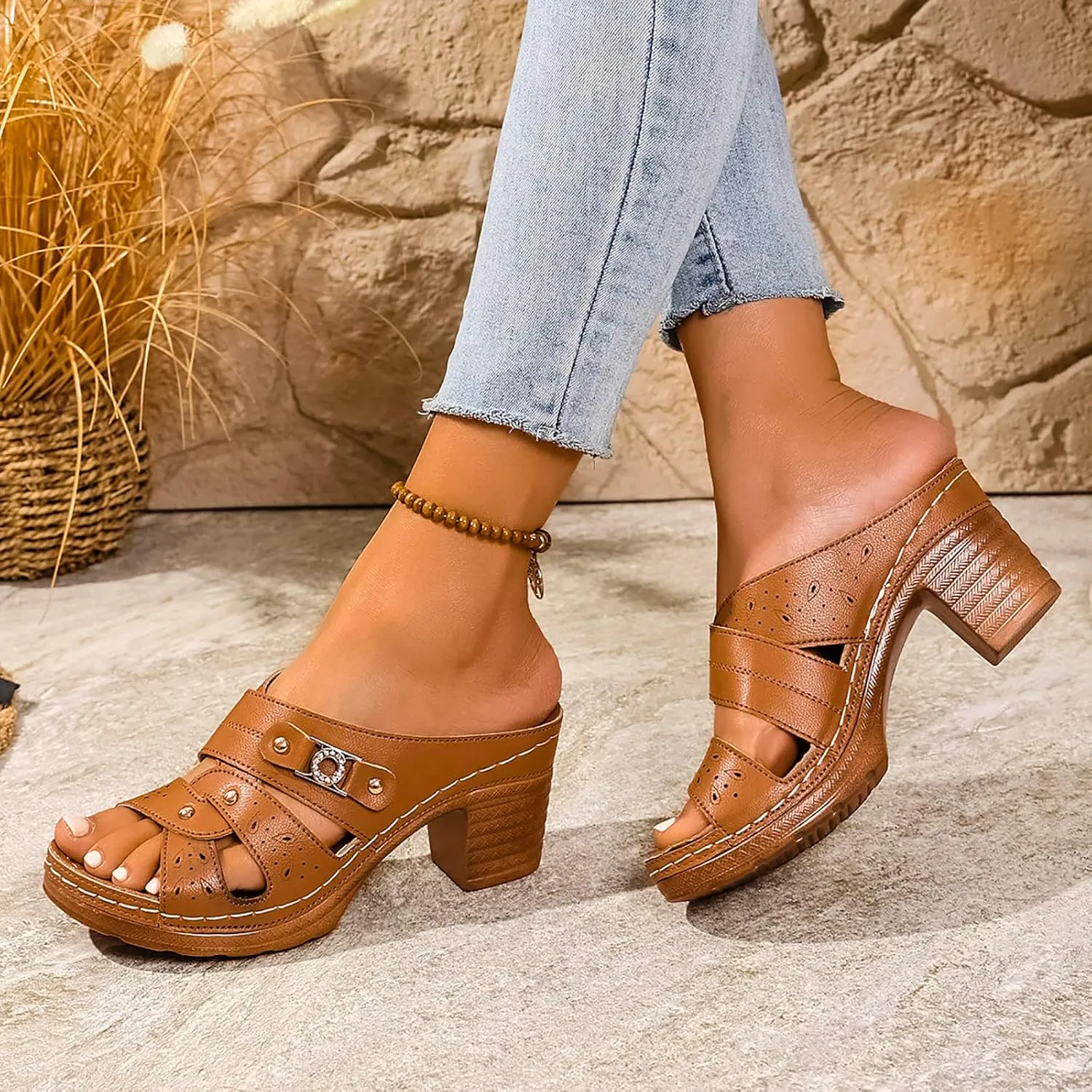 Open Toe Sandals for Women Womens Plus Size Thong Sandals With Metal Belt And High Heel In Solid Color