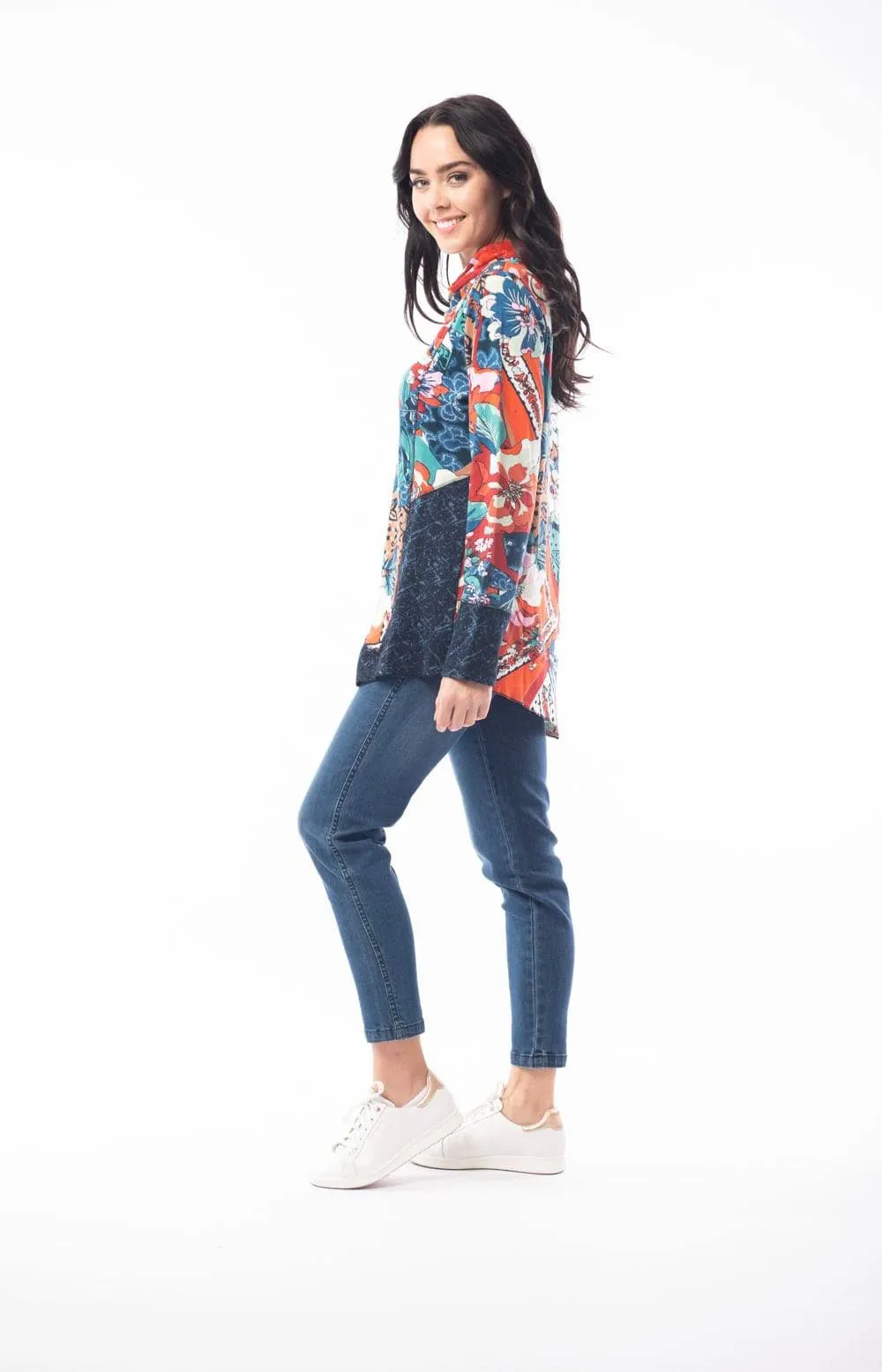 Orientique Apollo Blue & Red Mix Jersey Patchwork Cowl Neck Asymmetric Hem Tunic