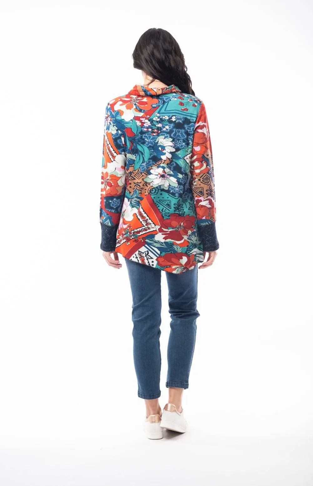 Orientique Apollo Blue & Red Mix Jersey Patchwork Cowl Neck Asymmetric Hem Tunic