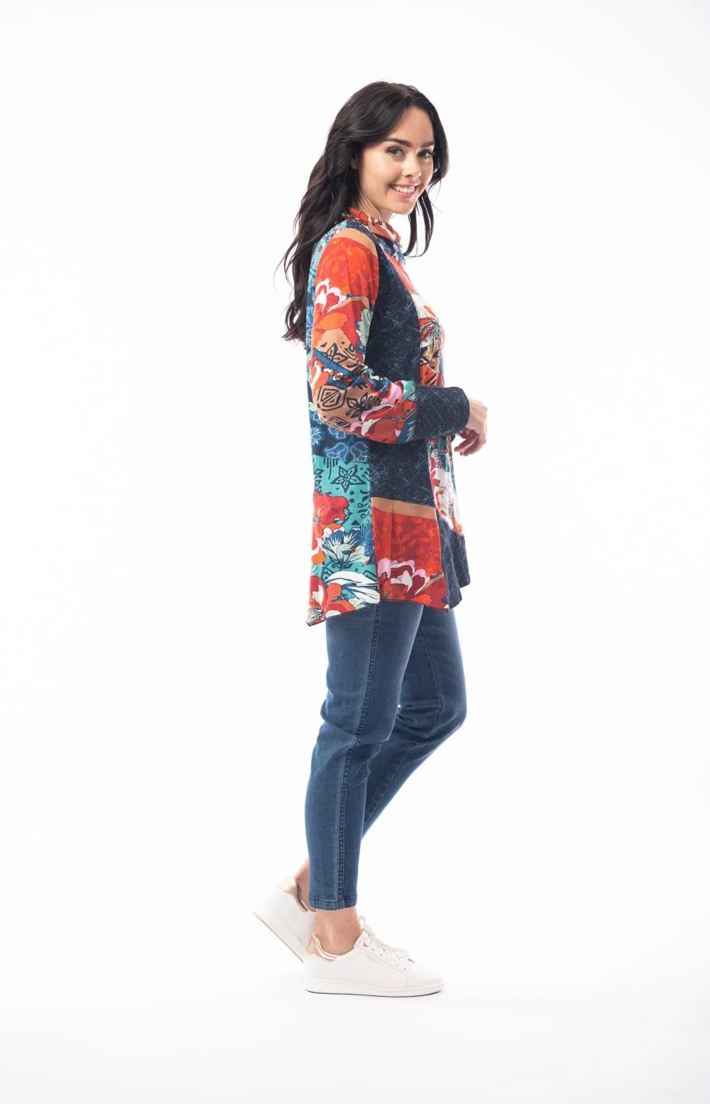 Orientique Apollo Blue & Red Mix Jersey Patchwork Cowl Neck Asymmetric Hem Tunic
