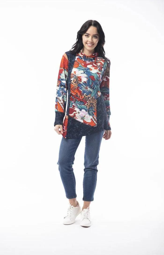 Orientique Apollo Blue & Red Mix Jersey Patchwork Cowl Neck Asymmetric Hem Tunic