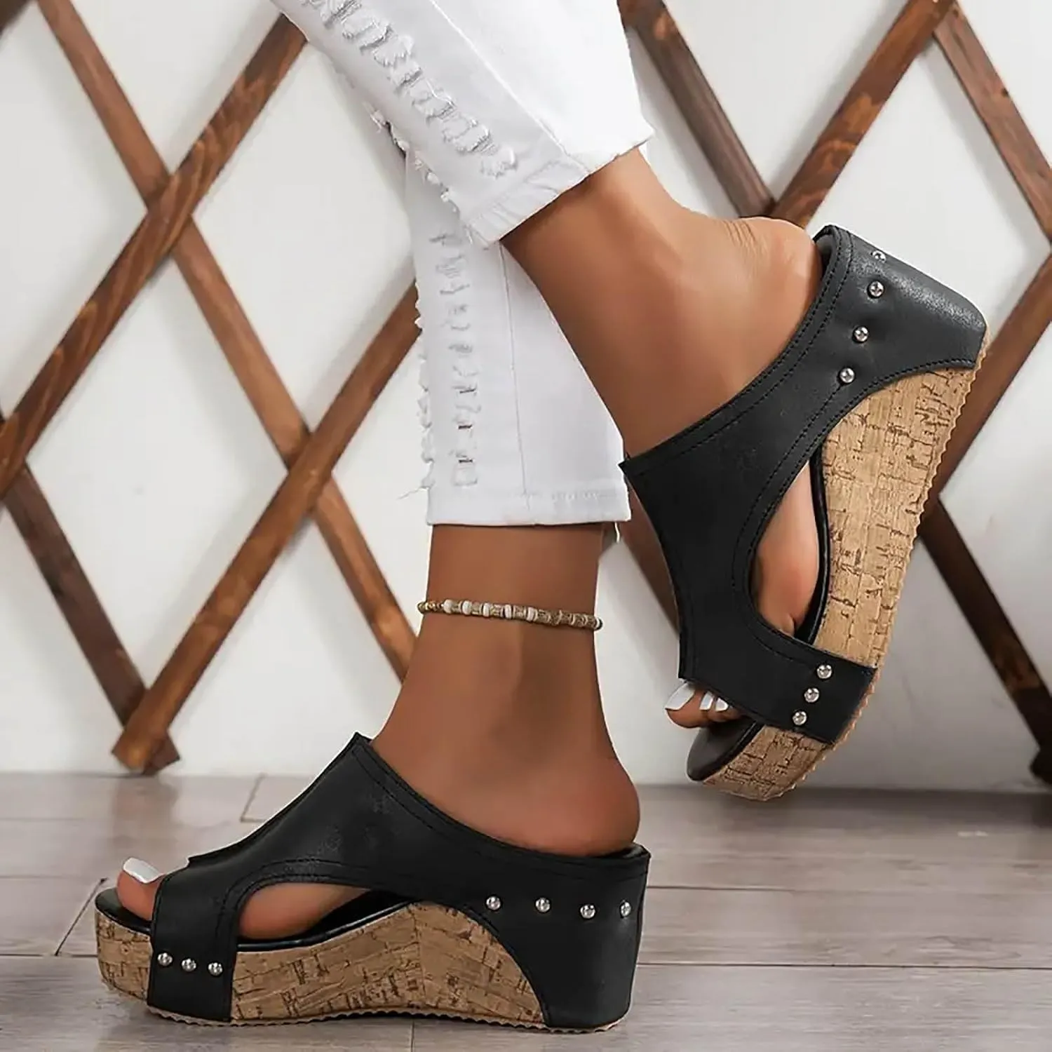 Orthopedic Wedge Sandals for Women Leather Platform Slides Fashion Cutout Open Toe Comfortable Slip On Mules Dressy Summer Lightweight Shoes Casual Heels Beach Sandals