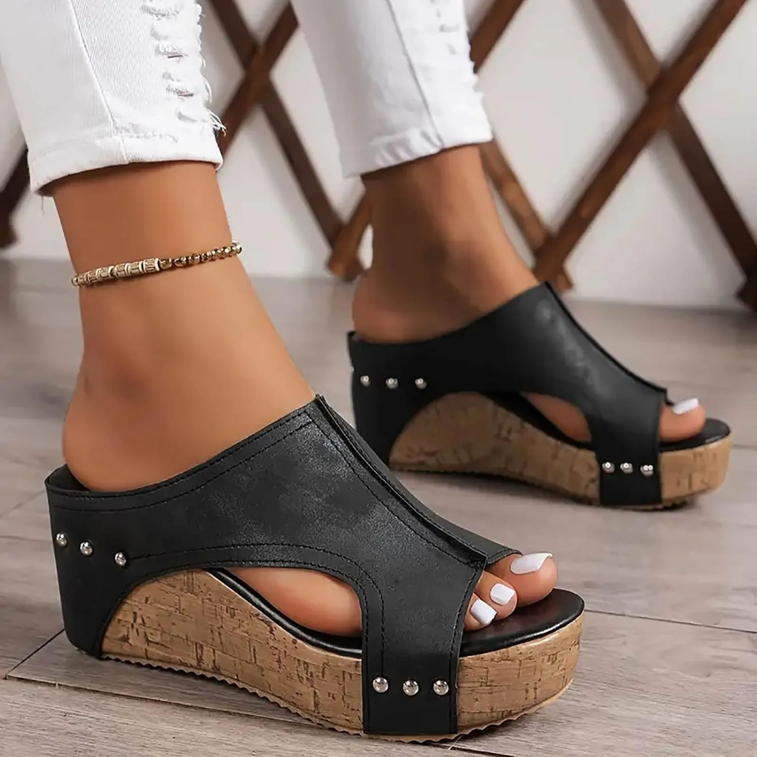Orthopedic Wedge Sandals for Women Leather Platform Slides Fashion Cutout Open Toe Comfortable Slip On Mules Dressy Summer Lightweight Shoes Casual Heels Beach Sandals