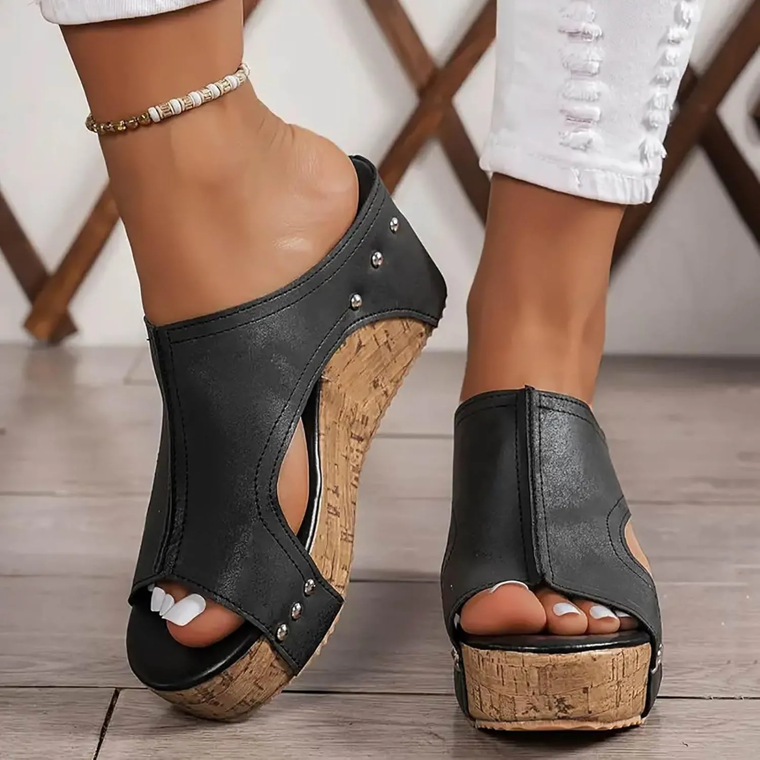 Orthopedic Wedge Sandals for Women Leather Platform Slides Fashion Cutout Open Toe Comfortable Slip On Mules Dressy Summer Lightweight Shoes Casual Heels Beach Sandals