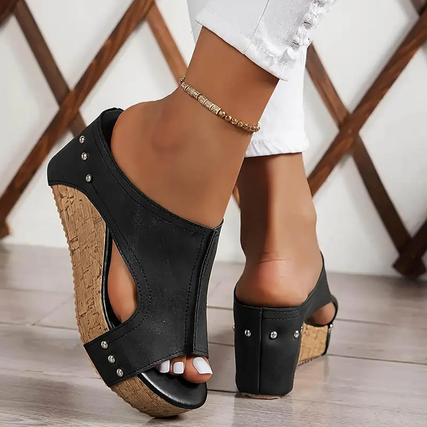 Orthopedic Wedge Sandals for Women Leather Platform Slides Fashion Cutout Open Toe Comfortable Slip On Mules Dressy Summer Lightweight Shoes Casual Heels Beach Sandals