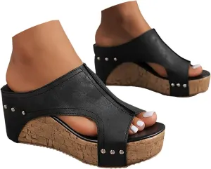 Orthopedic Wedge Sandals for Women Leather Platform Slides Fashion Cutout Open Toe Comfortable Slip On Mules Dressy Summer Lightweight Shoes Casual Heels Beach Sandals