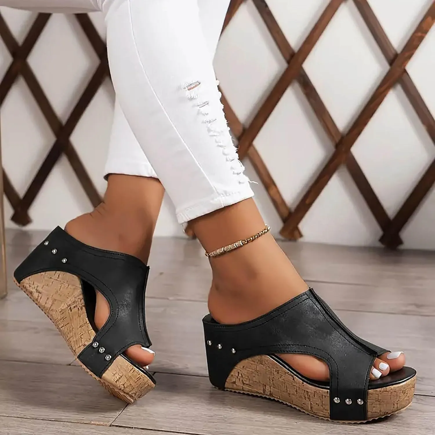 Orthopedic Wedge Sandals for Women Leather Platform Slides Fashion Cutout Open Toe Comfortable Slip On Mules Dressy Summer Lightweight Shoes Casual Heels Beach Sandals
