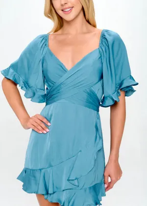 Paradise teal blue ruffle flutter short sleeve mini dress