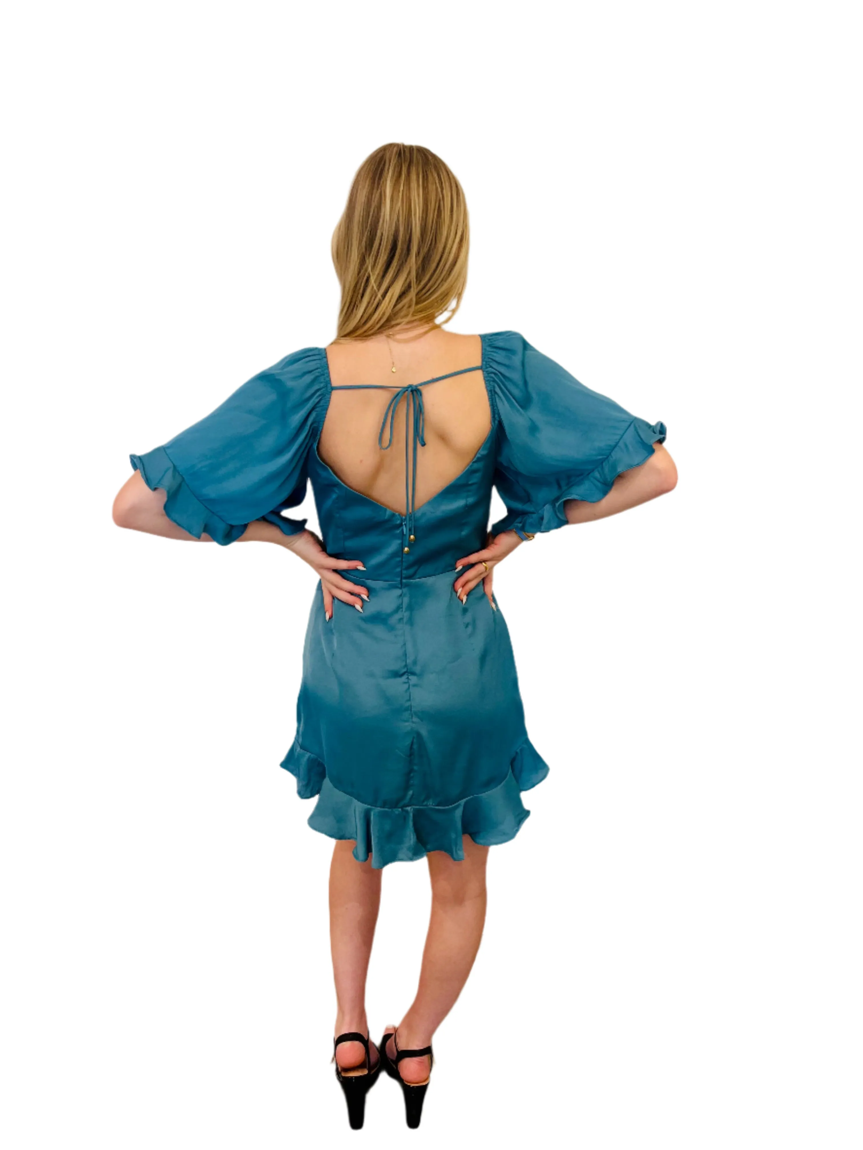 Paradise teal blue ruffle flutter short sleeve mini dress