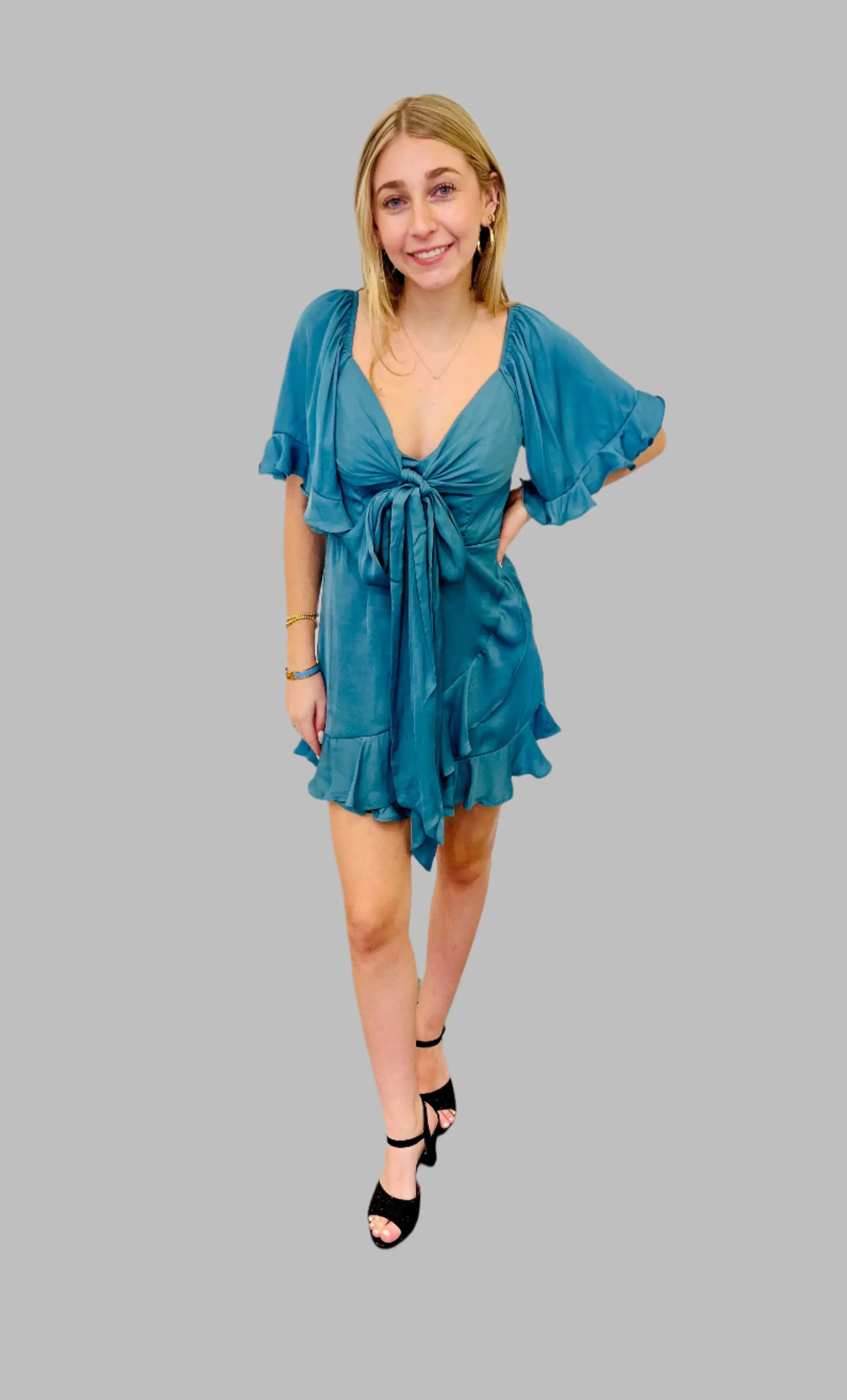 Paradise teal blue ruffle flutter short sleeve mini dress