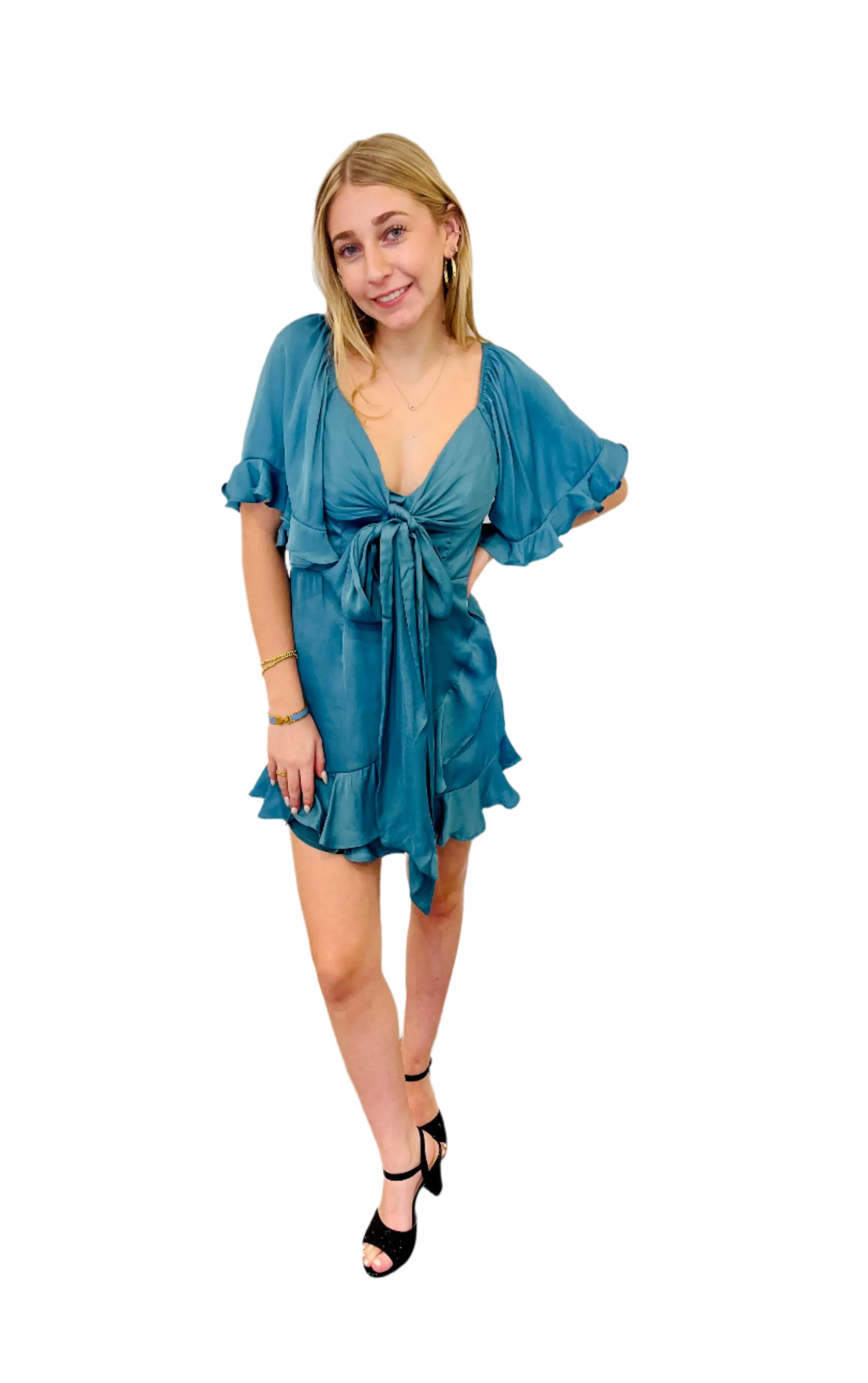 Paradise teal blue ruffle flutter short sleeve mini dress