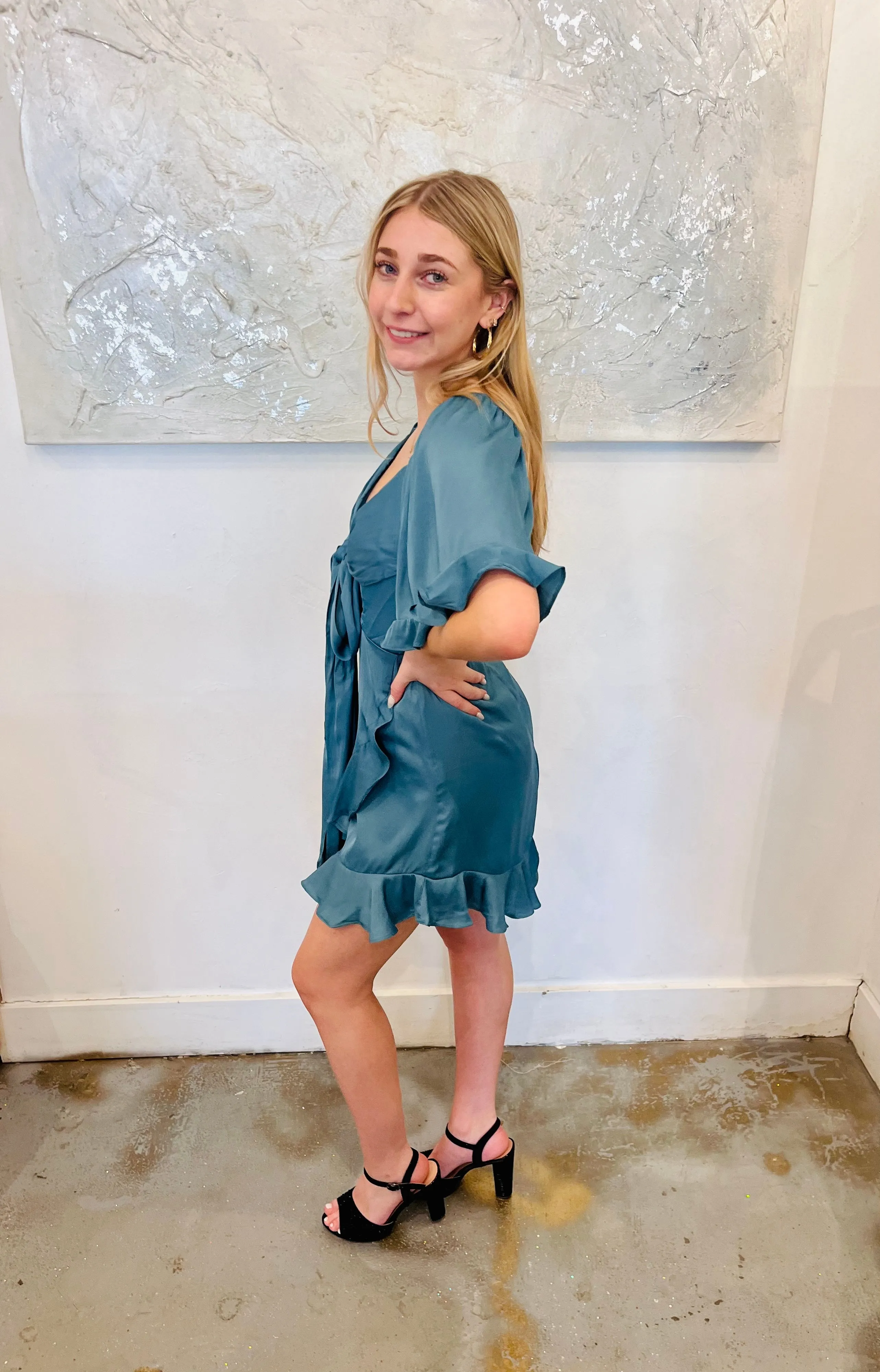 Paradise teal blue ruffle flutter short sleeve mini dress