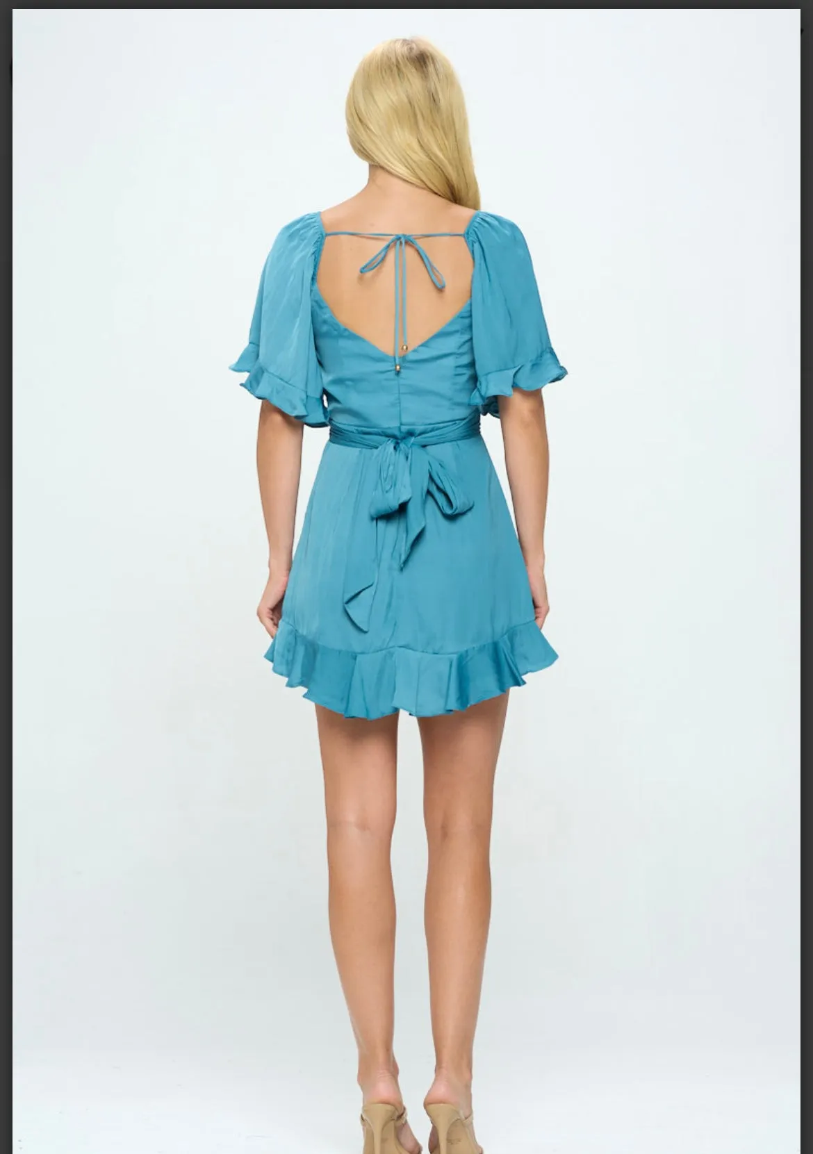 Paradise teal blue ruffle flutter short sleeve mini dress