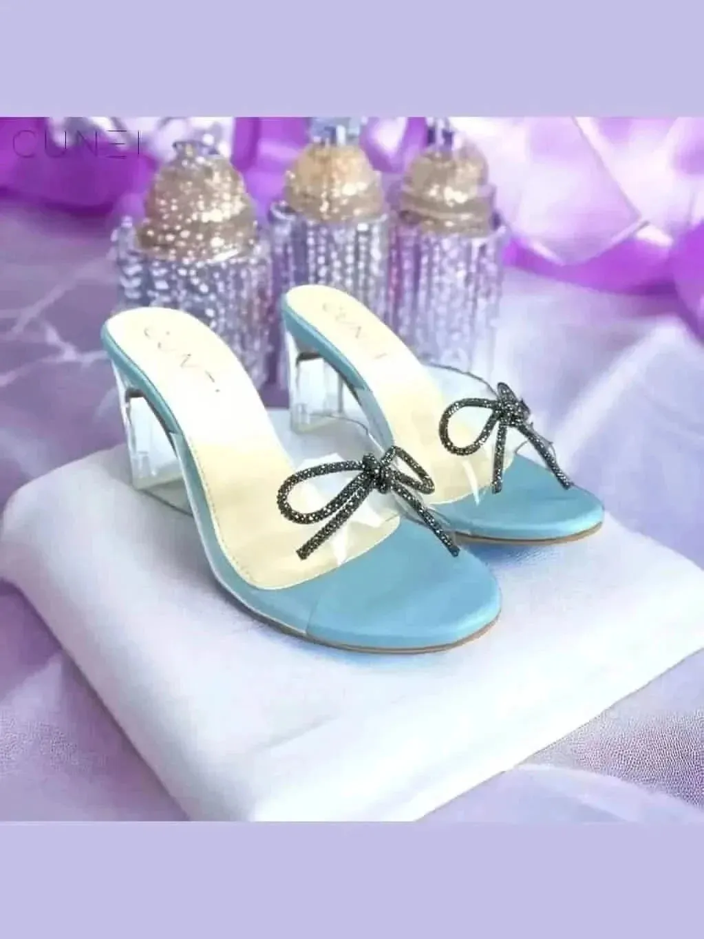 Pastel Blue Clear Strap Bella Heels with Bow