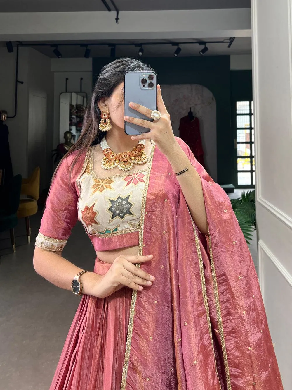 Peach Color Plain And Printed Shimmer Lehenga Choli