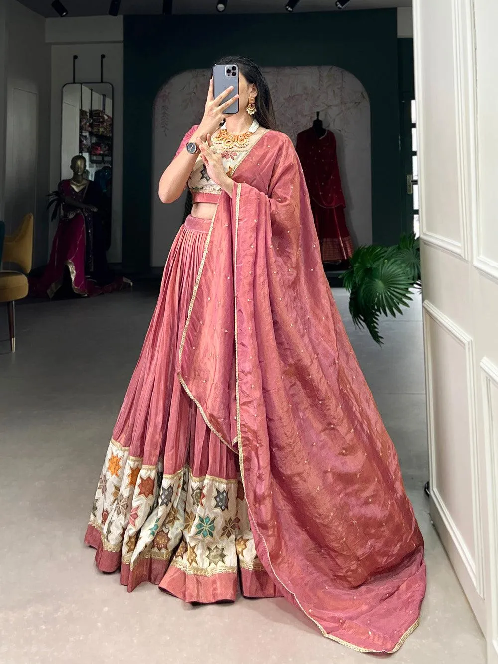 Peach Color Plain And Printed Shimmer Lehenga Choli