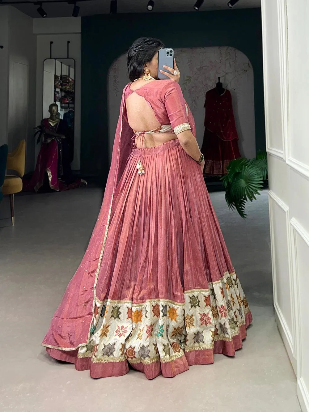 Peach Color Plain And Printed Shimmer Lehenga Choli