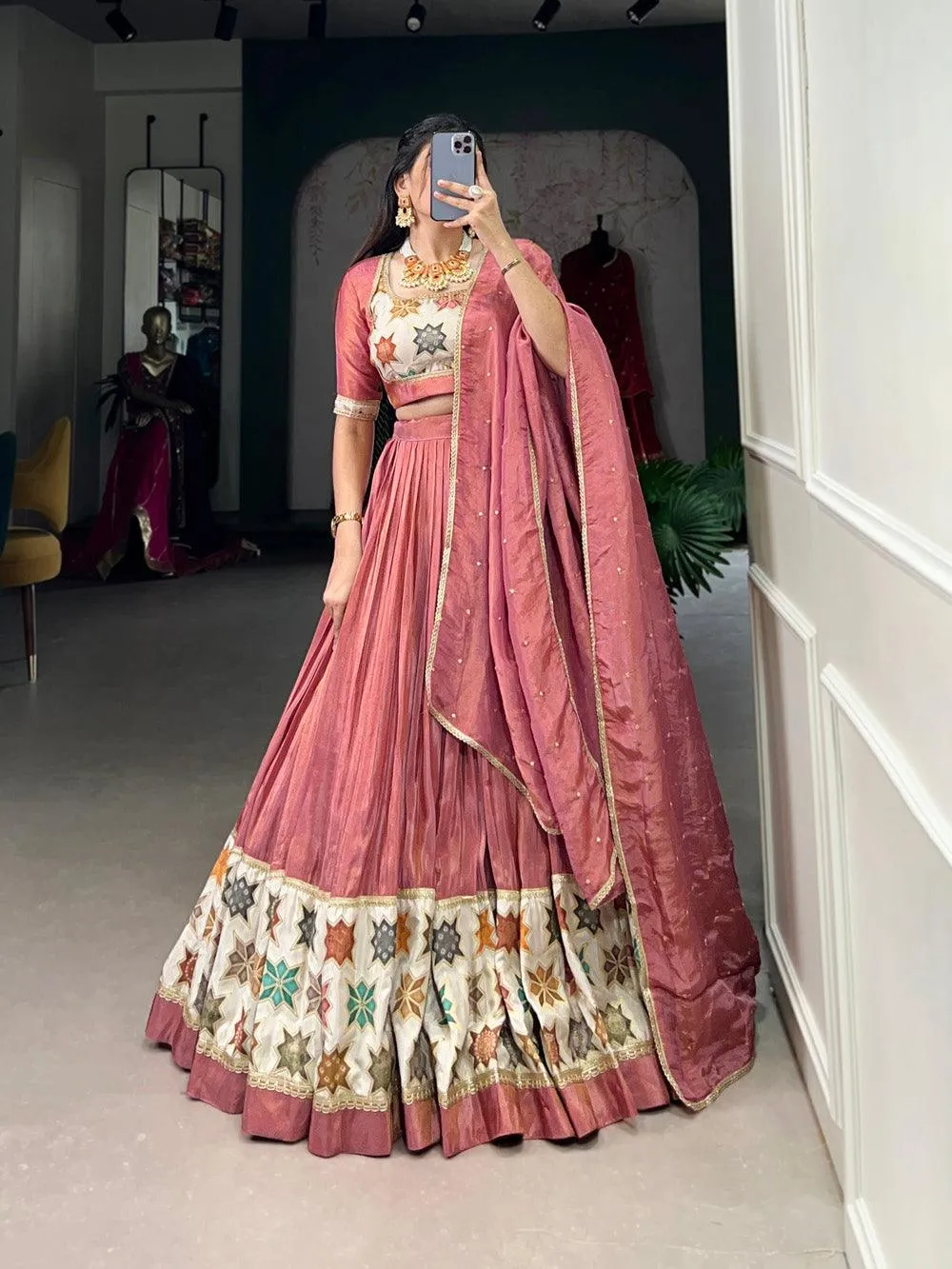 Peach Color Plain And Printed Shimmer Lehenga Choli