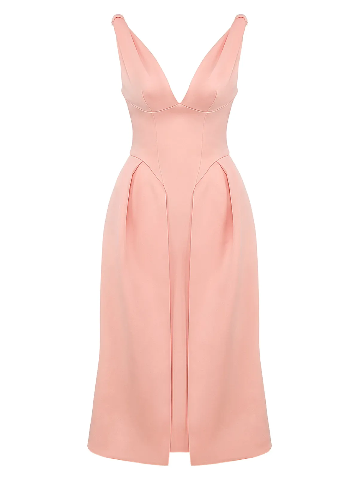 Peach Satin Midi Dress with Pleats and Elegant Vintage Silhouette