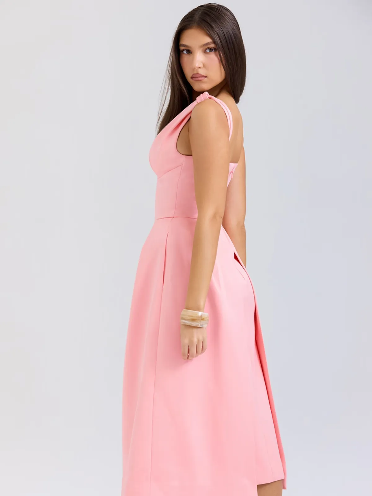 Peach Satin Midi Dress with Pleats and Elegant Vintage Silhouette