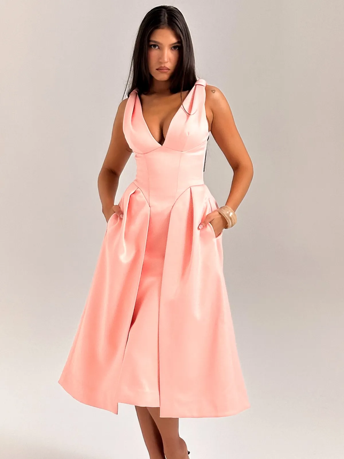 Peach Satin Midi Dress with Pleats and Elegant Vintage Silhouette