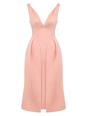 Peach Satin Midi Dress with Pleats and Elegant Vintage Silhouette