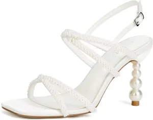 Pearl Heels Wedding Shoes for Bride Open Toe Bridal Shoes High Heel Wedding Sandals