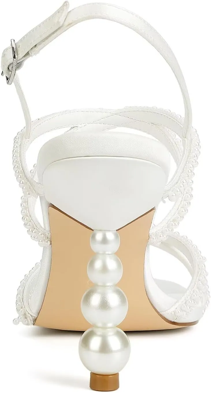 Pearl Heels Wedding Shoes for Bride Open Toe Bridal Shoes High Heel Wedding Sandals