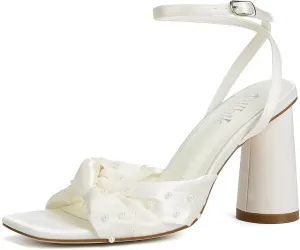 Pearl Wedding Shoes for Bride Block Heel Bridal Shoes Open Toe Wedding Heels Bow Knot Heeled Sandals
