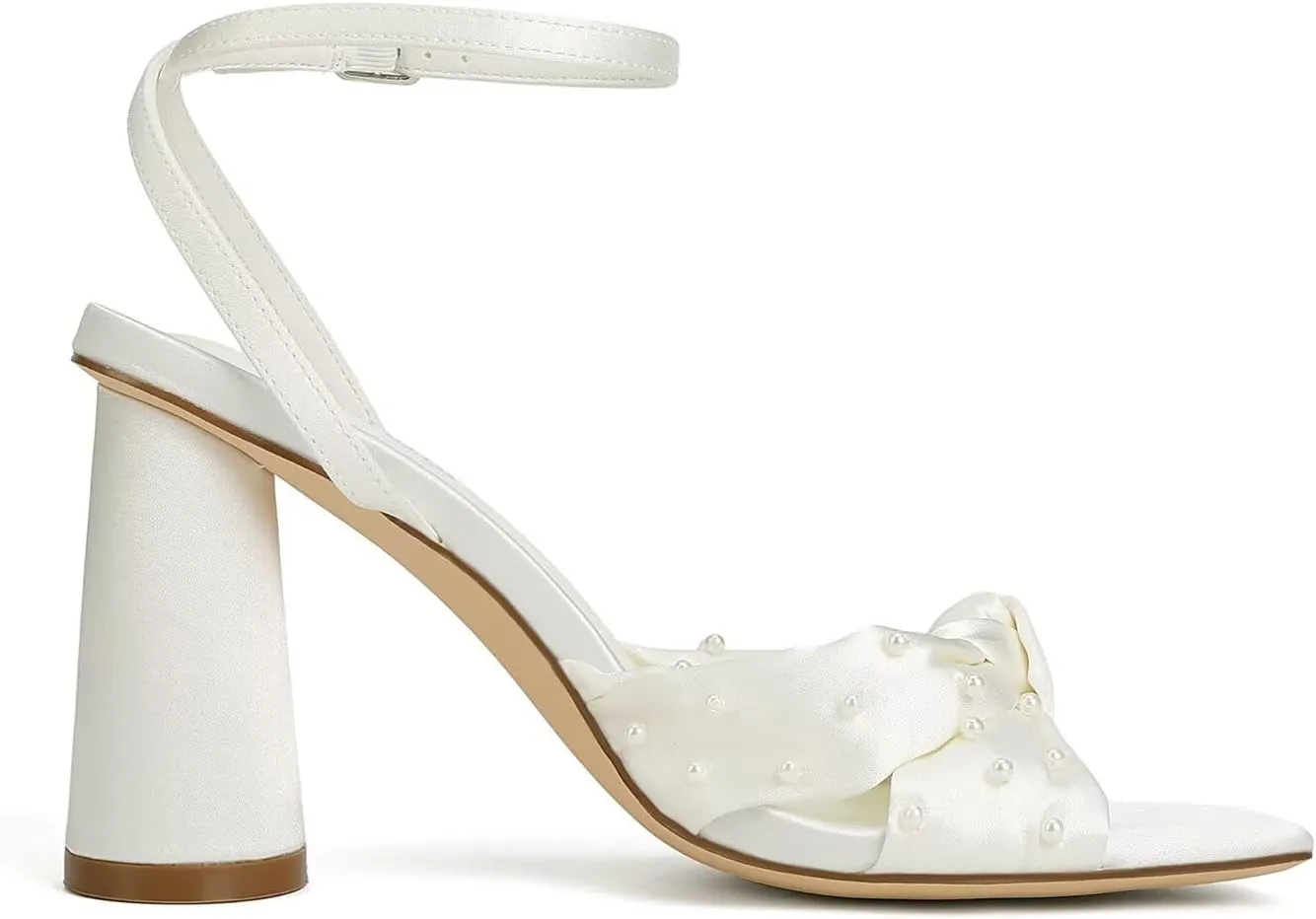 Pearl Wedding Shoes for Bride Block Heel Bridal Shoes Open Toe Wedding Heels Bow Knot Heeled Sandals