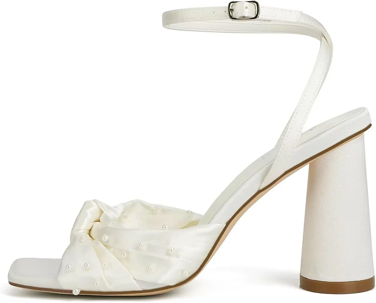 Pearl Wedding Shoes for Bride Block Heel Bridal Shoes Open Toe Wedding Heels Bow Knot Heeled Sandals