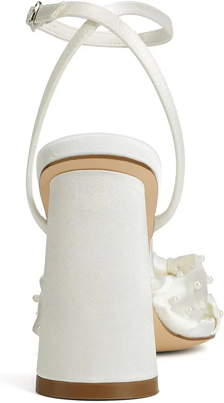 Pearl Wedding Shoes for Bride Block Heel Bridal Shoes Open Toe Wedding Heels Bow Knot Heeled Sandals