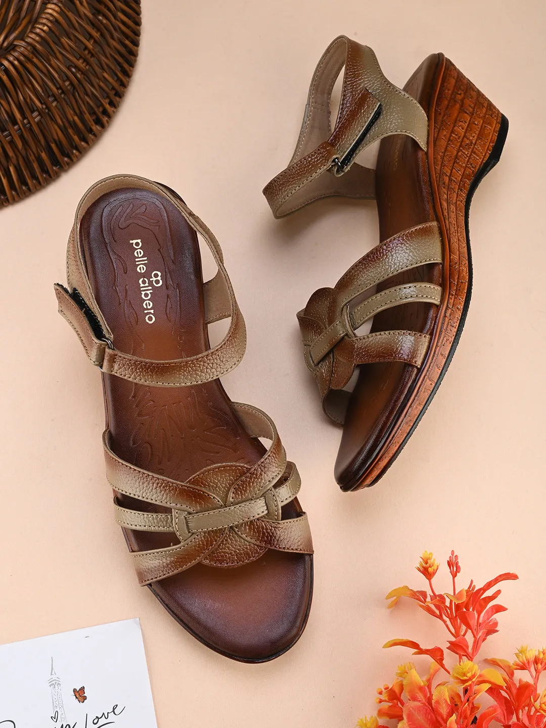 Pelle Albero Women's Beige Leather Ankle Buckle-Strap Wedge Heel Sandals