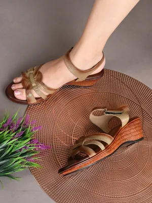 Pelle Albero Women's Beige Leather Ankle Buckle-Strap Wedge Heel Sandals