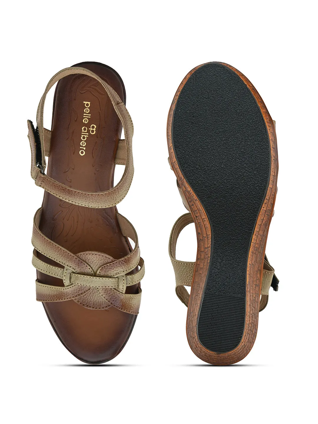 Pelle Albero Women's Beige Leather Ankle Buckle-Strap Wedge Heel Sandals